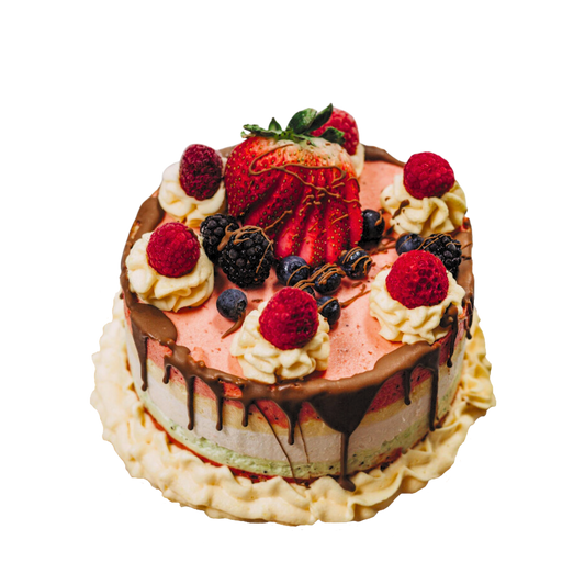 Gâteau de sorbet glacée Arc-en-Ciel avec des étages colorées et des baies, fraises, framboises, bleuets, mures, mangue, ananas et kiwi. Idéal pour les fêtes d’anniversaire et les occasions spéciales à Gatineau. Rainbow sorbet cake with colorful layers, fruits like blueberries, strawberries, raspberries, kiwi, mango and pineapple. Perfect for birthday parties and special occasions in Gatineau.
